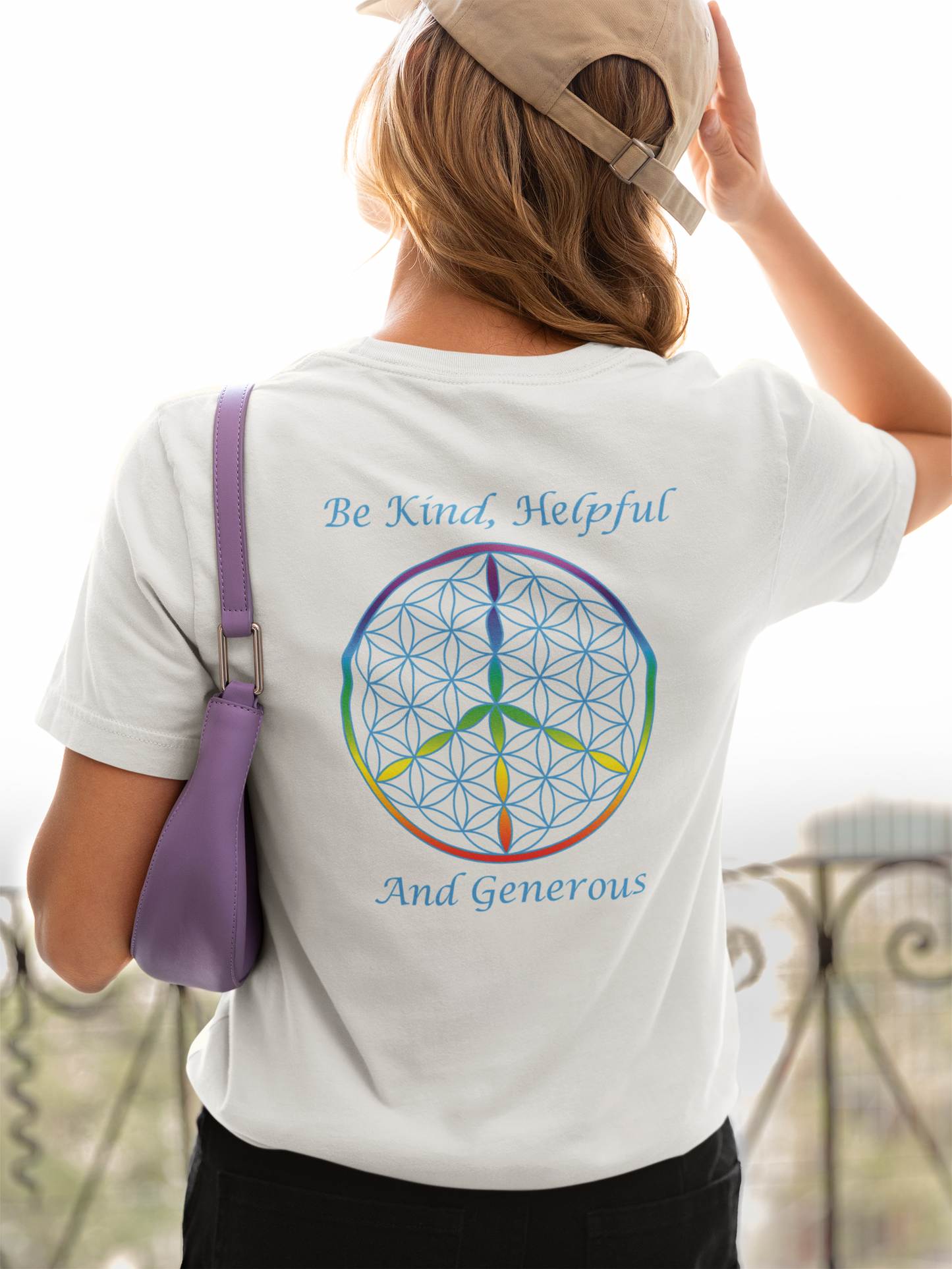 Be Kind, Helpful And Generous Tee (back, sky blue text)