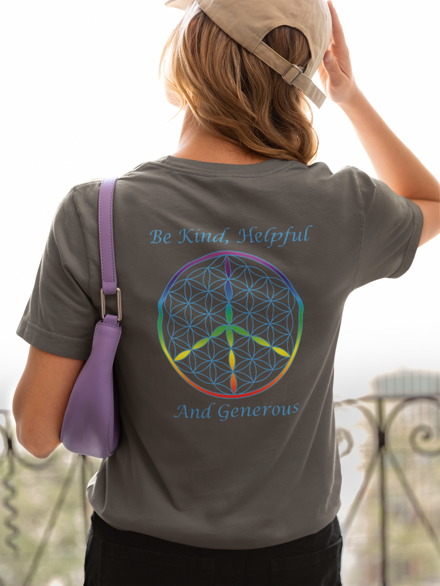 Be Kind, Helpful And Generous Tee (back, sky blue text)