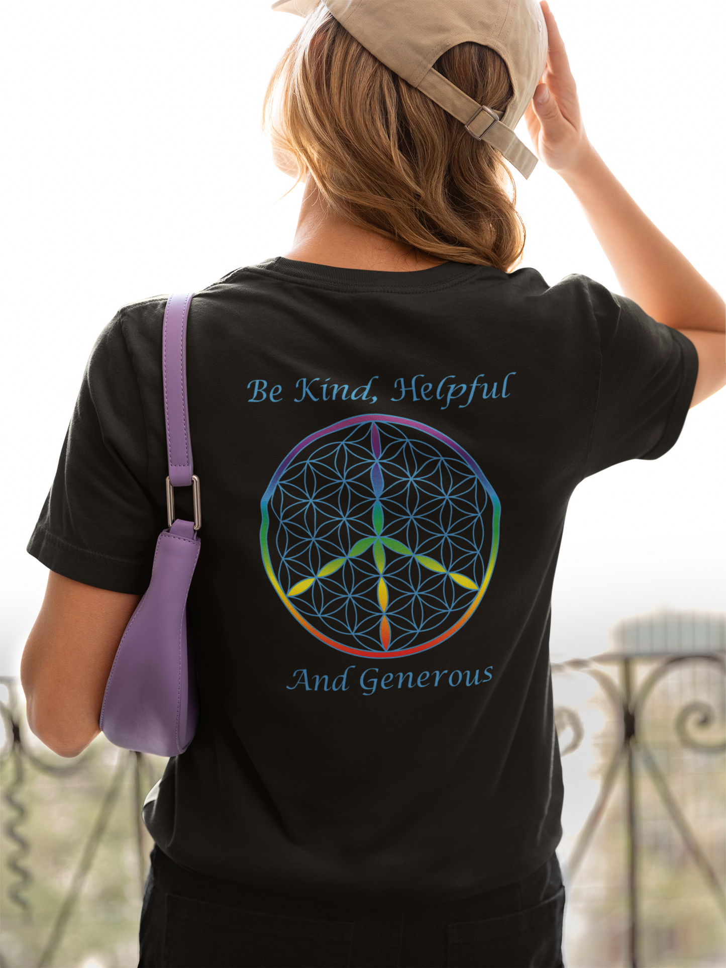 Be Kind, Helpful And Generous Tee (back, sky blue text)