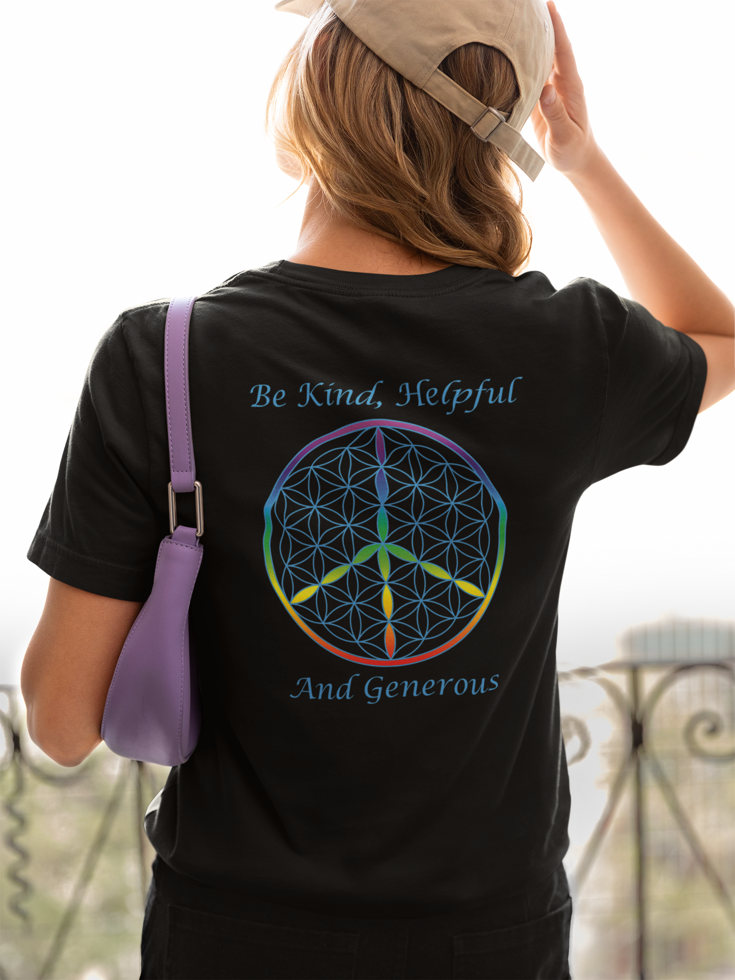 Be Kind, Helpful And Generous Tee (back, sky blue text)