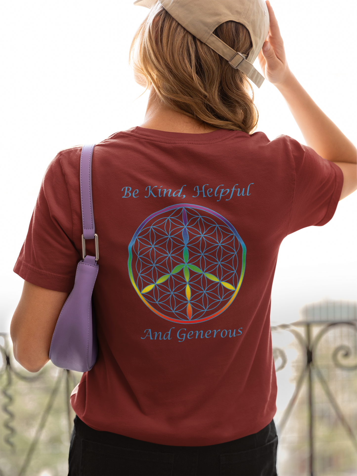 Be Kind, Helpful And Generous Tee (back, sky blue text)