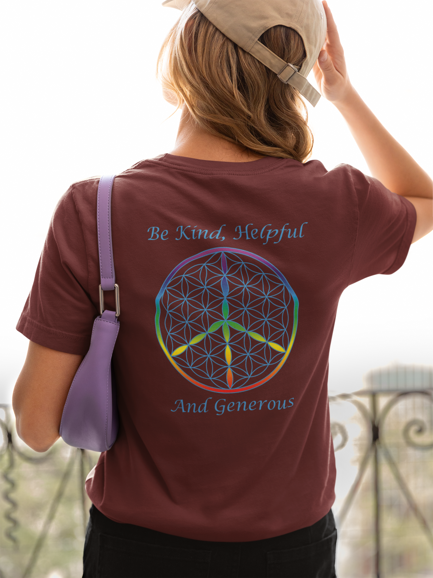 Be Kind, Helpful And Generous Tee (back, sky blue text)