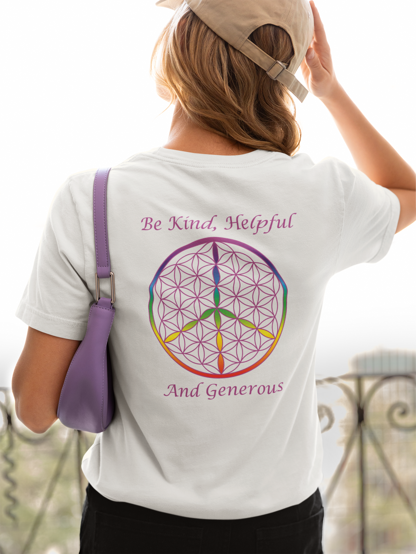 Be Kind, Helpful And Generous Tee (back, violet text)