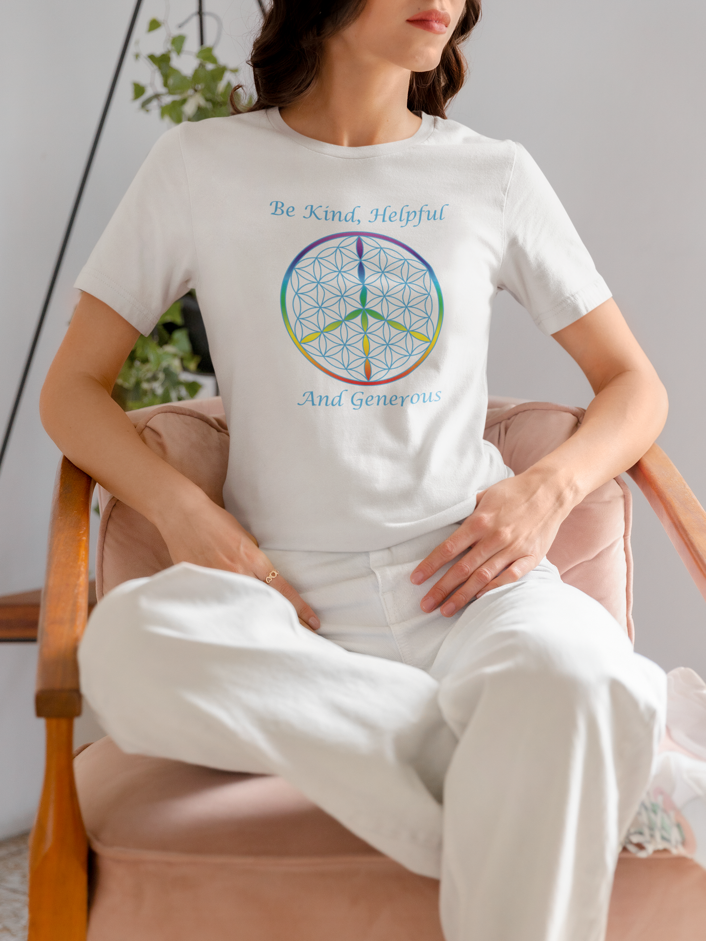 Be Kind, Helpful And Generous Tee (front, sky blue text)