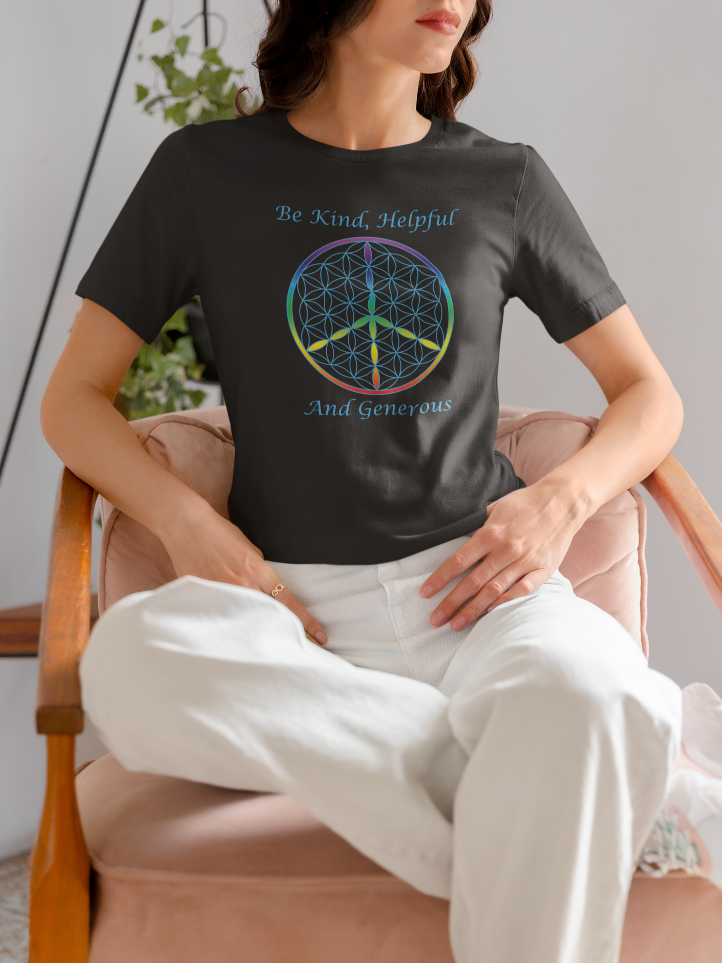 Be Kind, Helpful And Generous Tee (front, sky blue text)