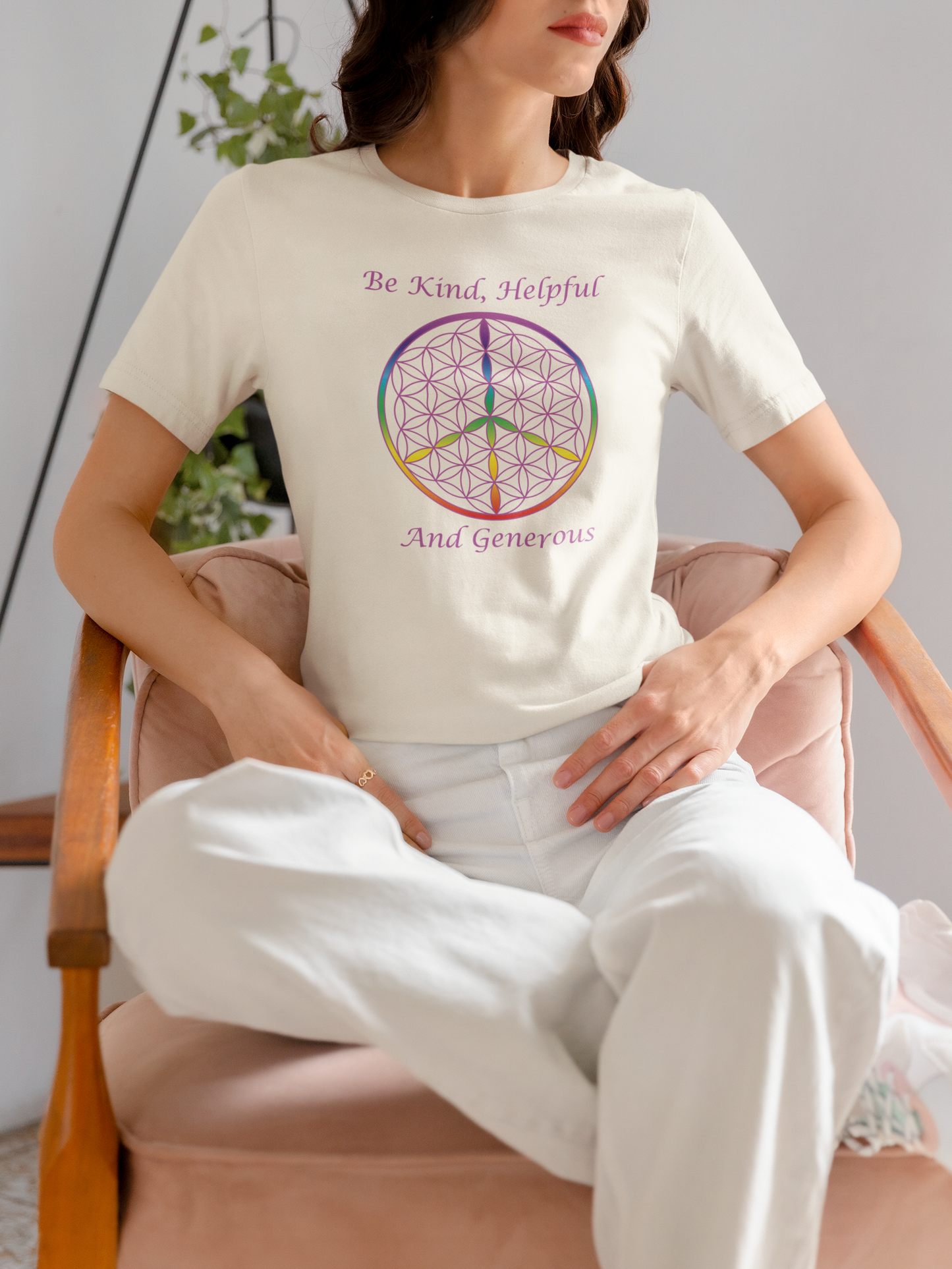 Be Kind, Helpful And Generous Tee (front, violet text)