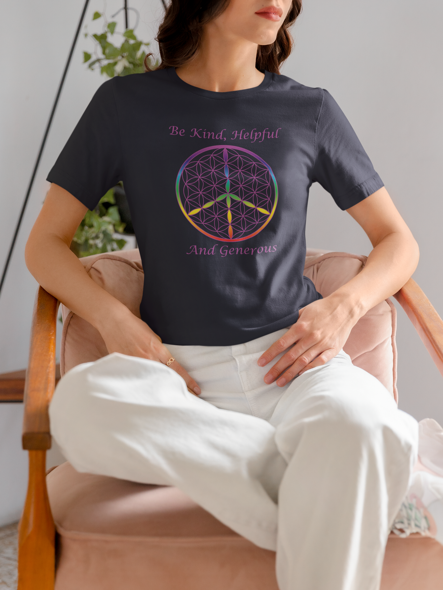 Be Kind, Helpful And Generous Tee (front, violet text)