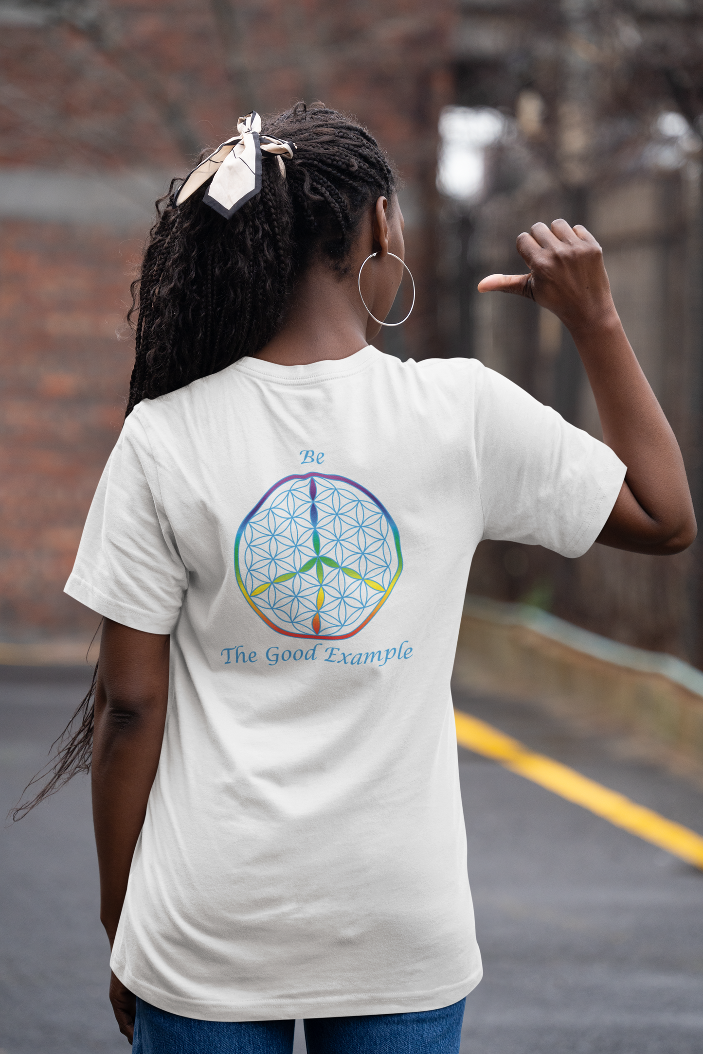 Be The Good Example Tee (back, sky blue text)