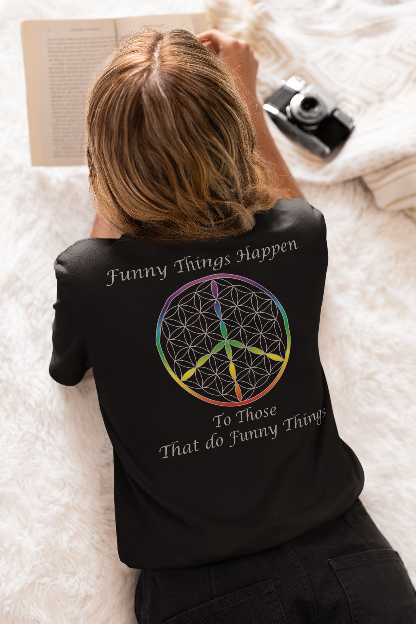 Funny Things Happen Tee (back, silver text)