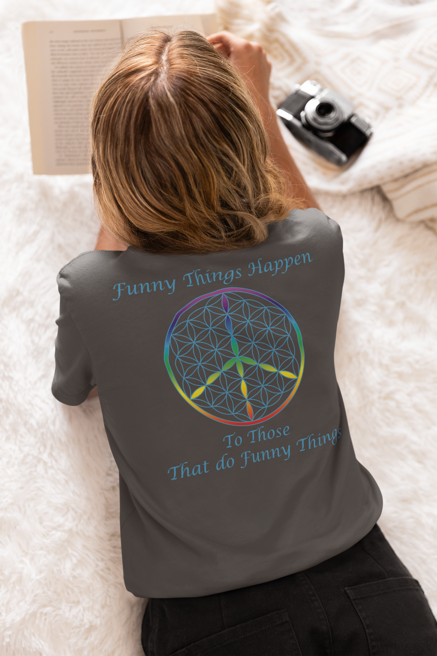 Funny Things Happen Tee (back, sky blue text)