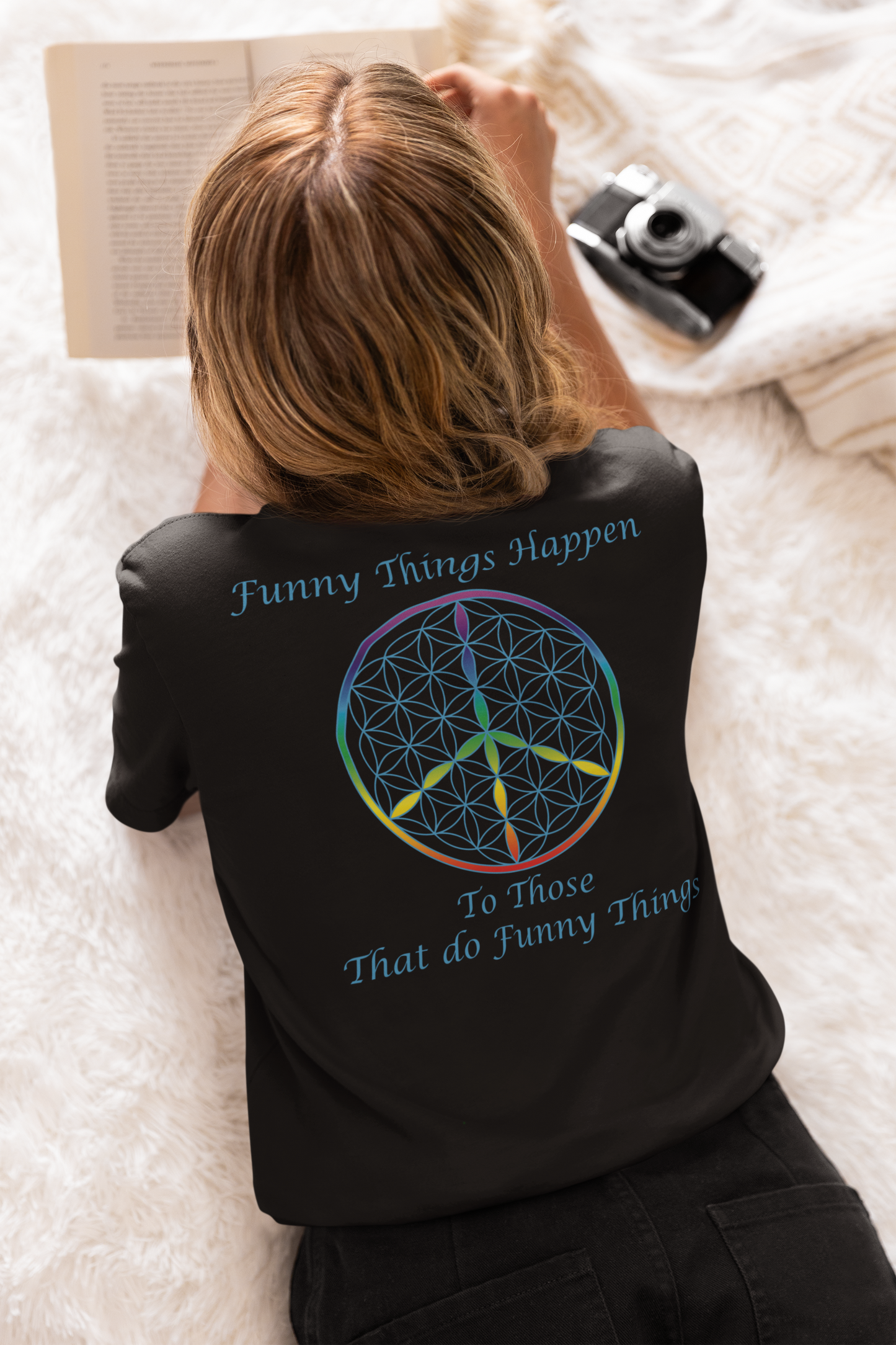 Funny Things Happen Tee (back, sky blue text)