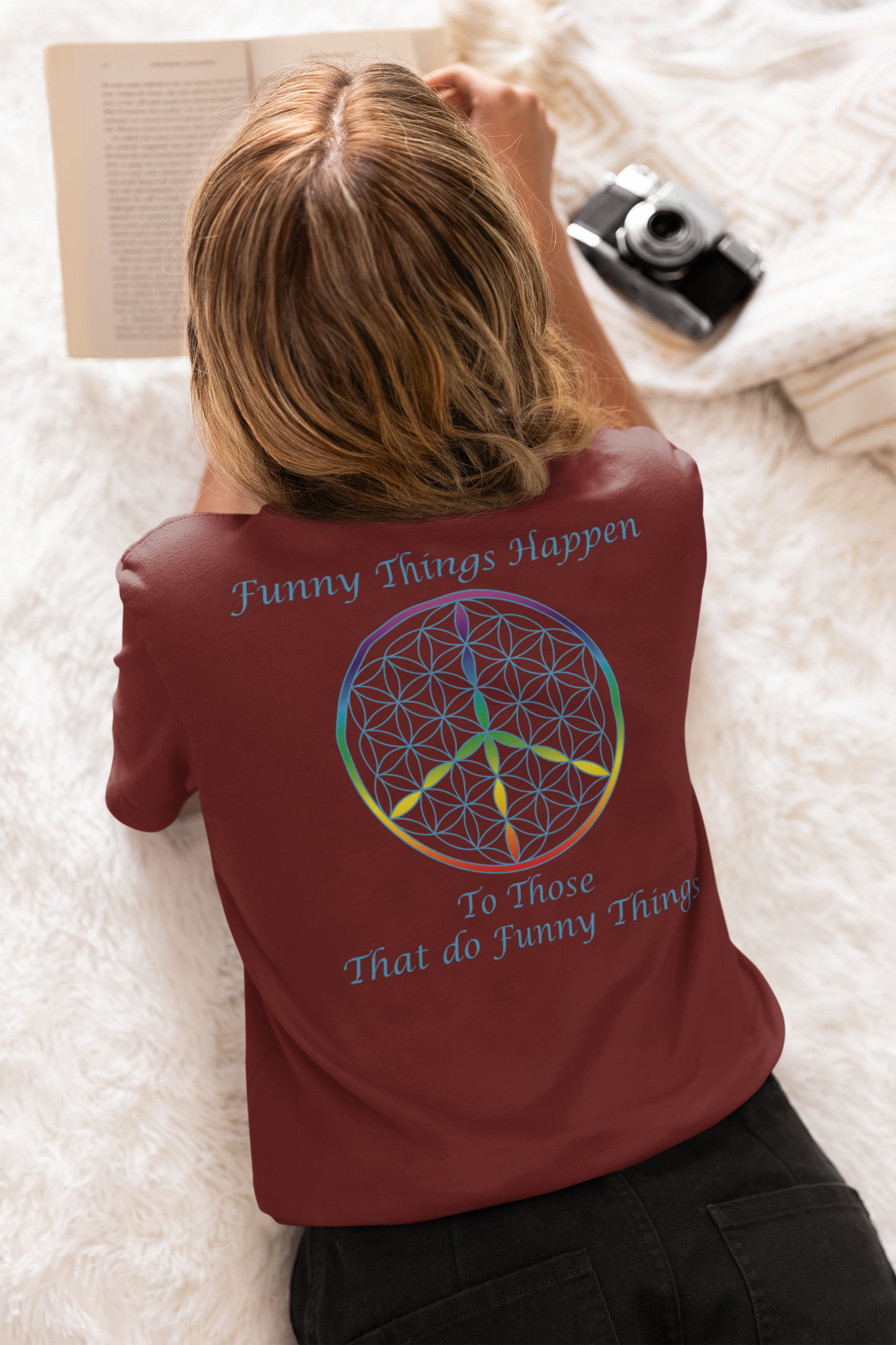 Funny Things Happen Tee (back, sky blue text)