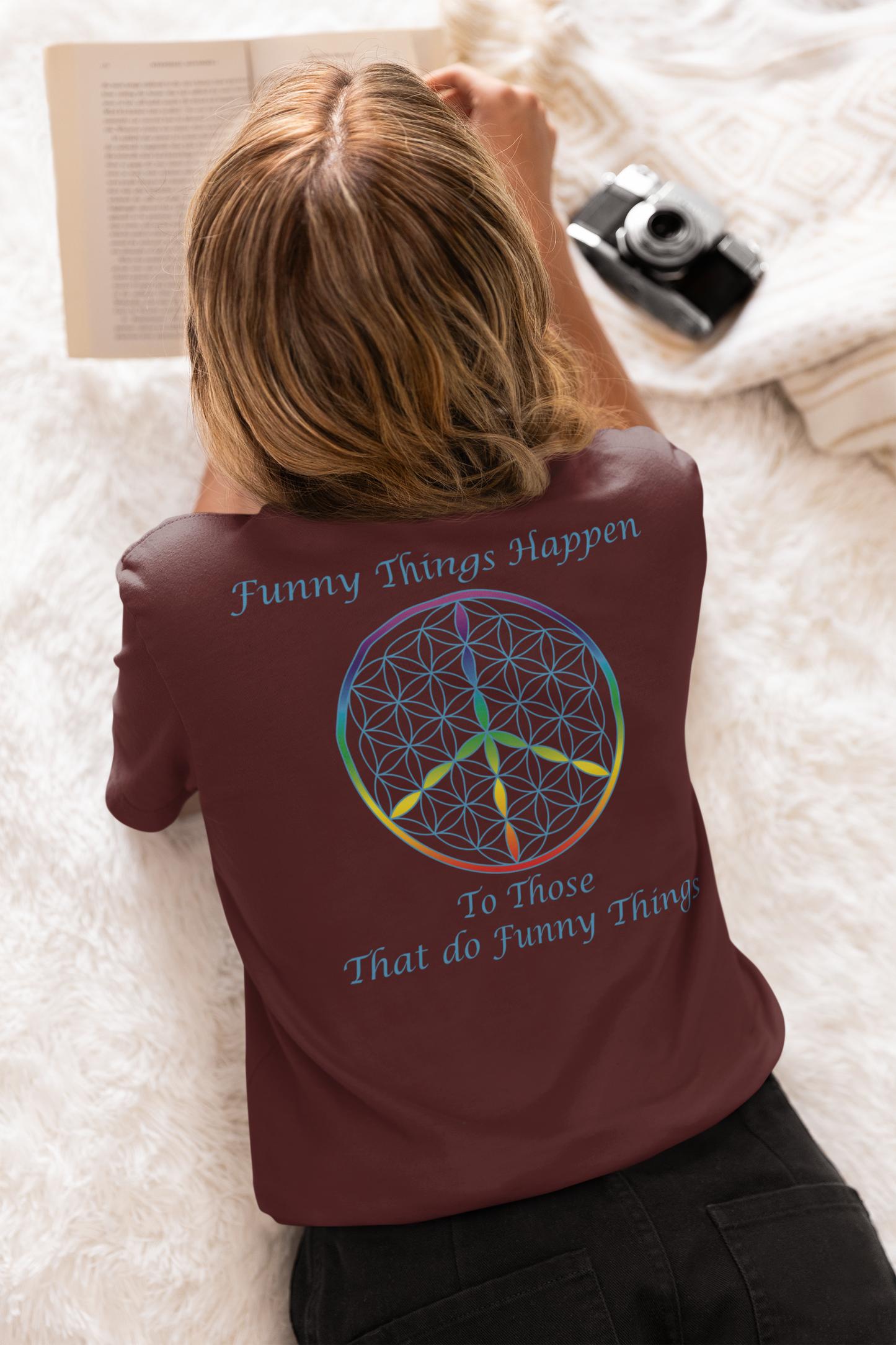 Funny Things Happen Tee (back, sky blue text)