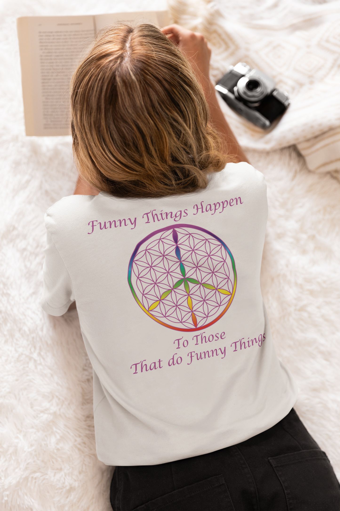 Funny Things Happen Tee (back, violet text)