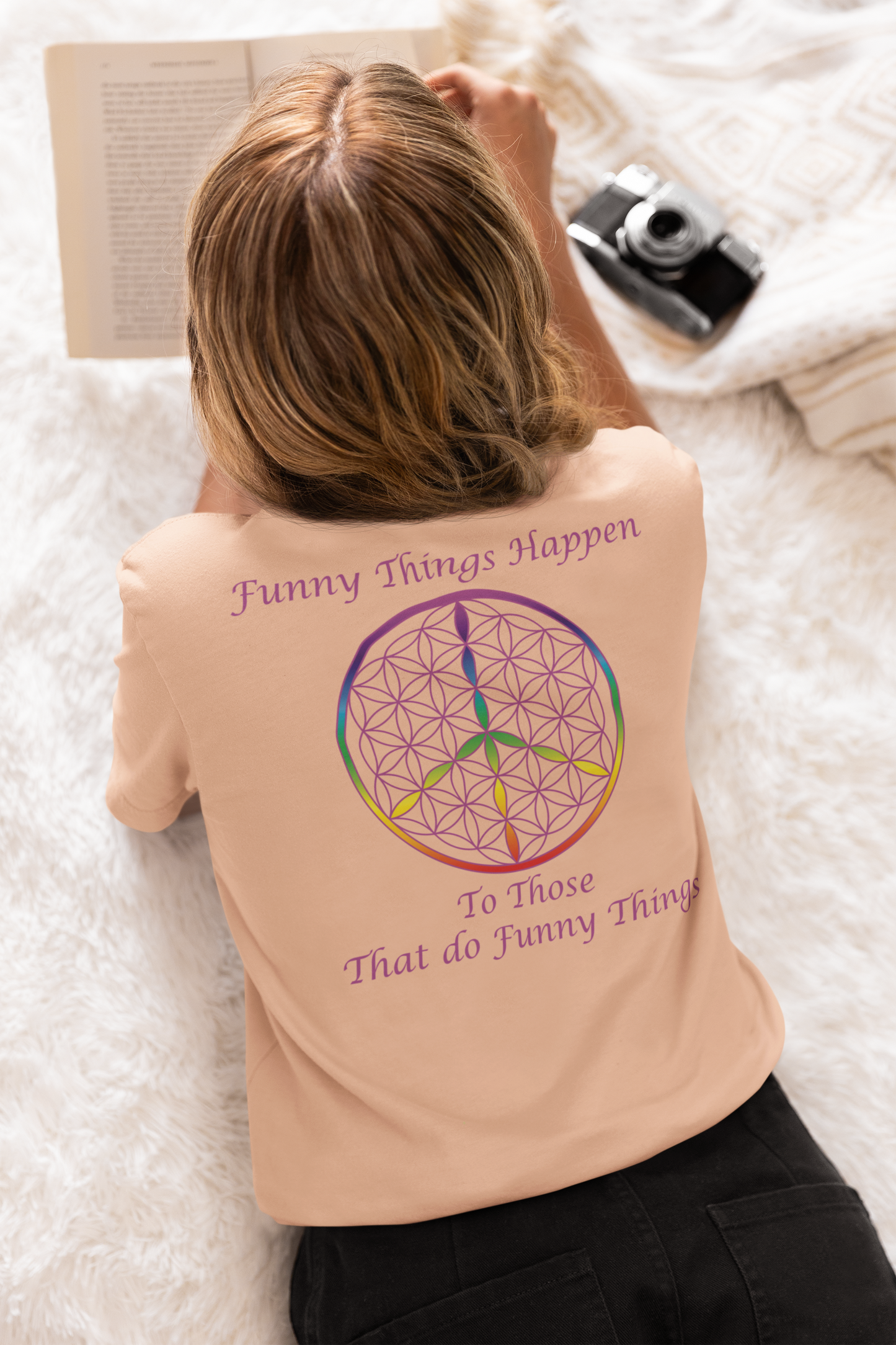 Funny Things Happen Tee (back, violet text)