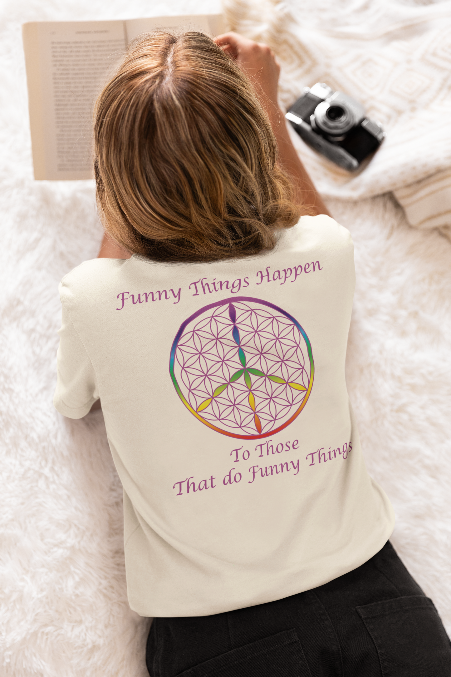 Funny Things Happen Tee (back, violet text)