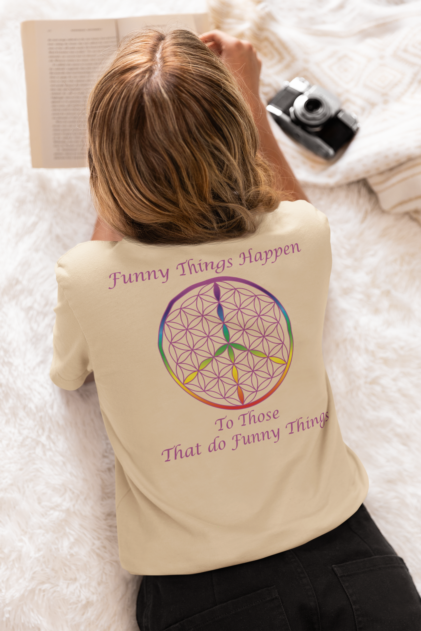 Funny Things Happen Tee (back, violet text)