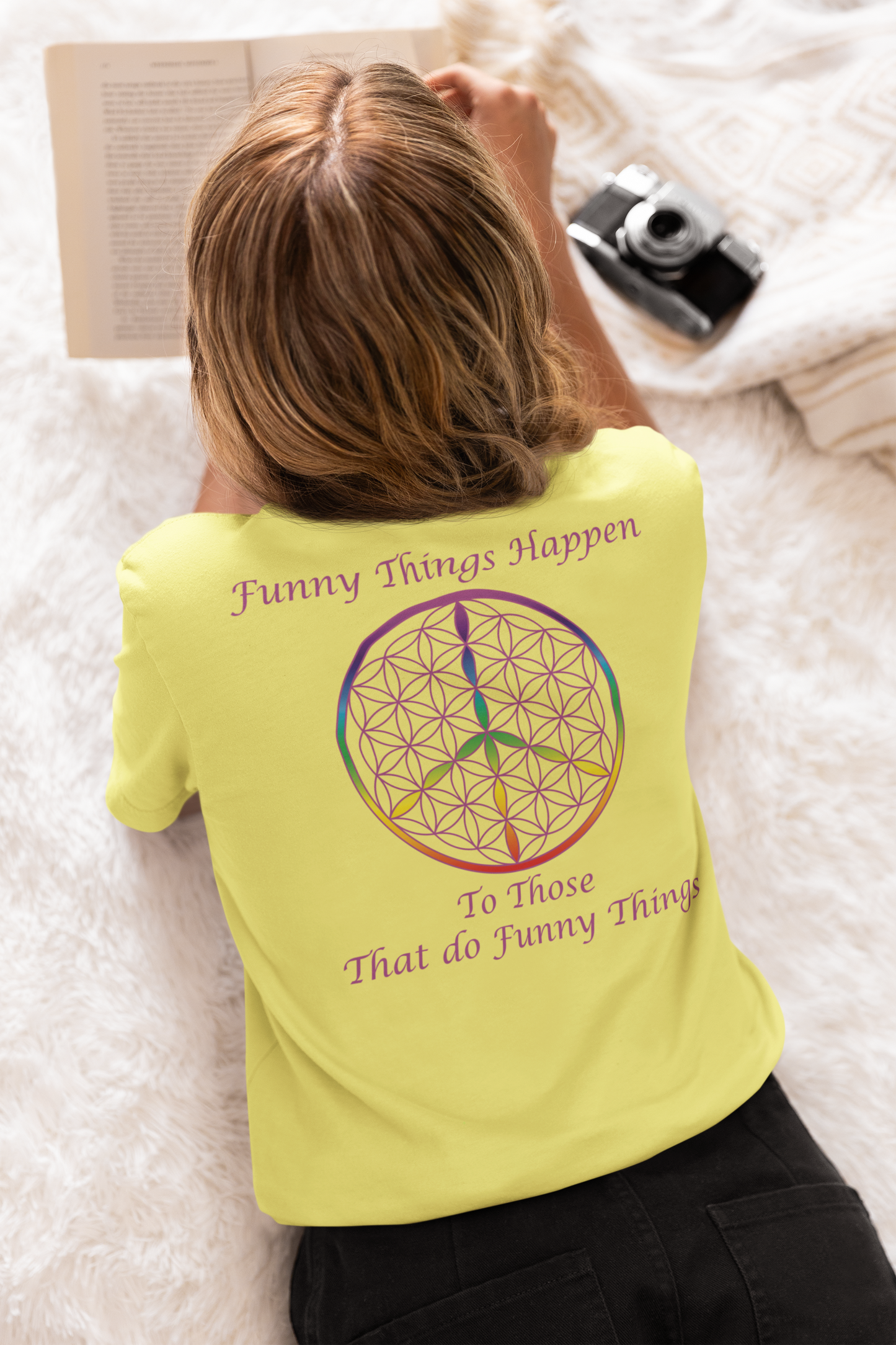 Funny Things Happen Tee (back, violet text)