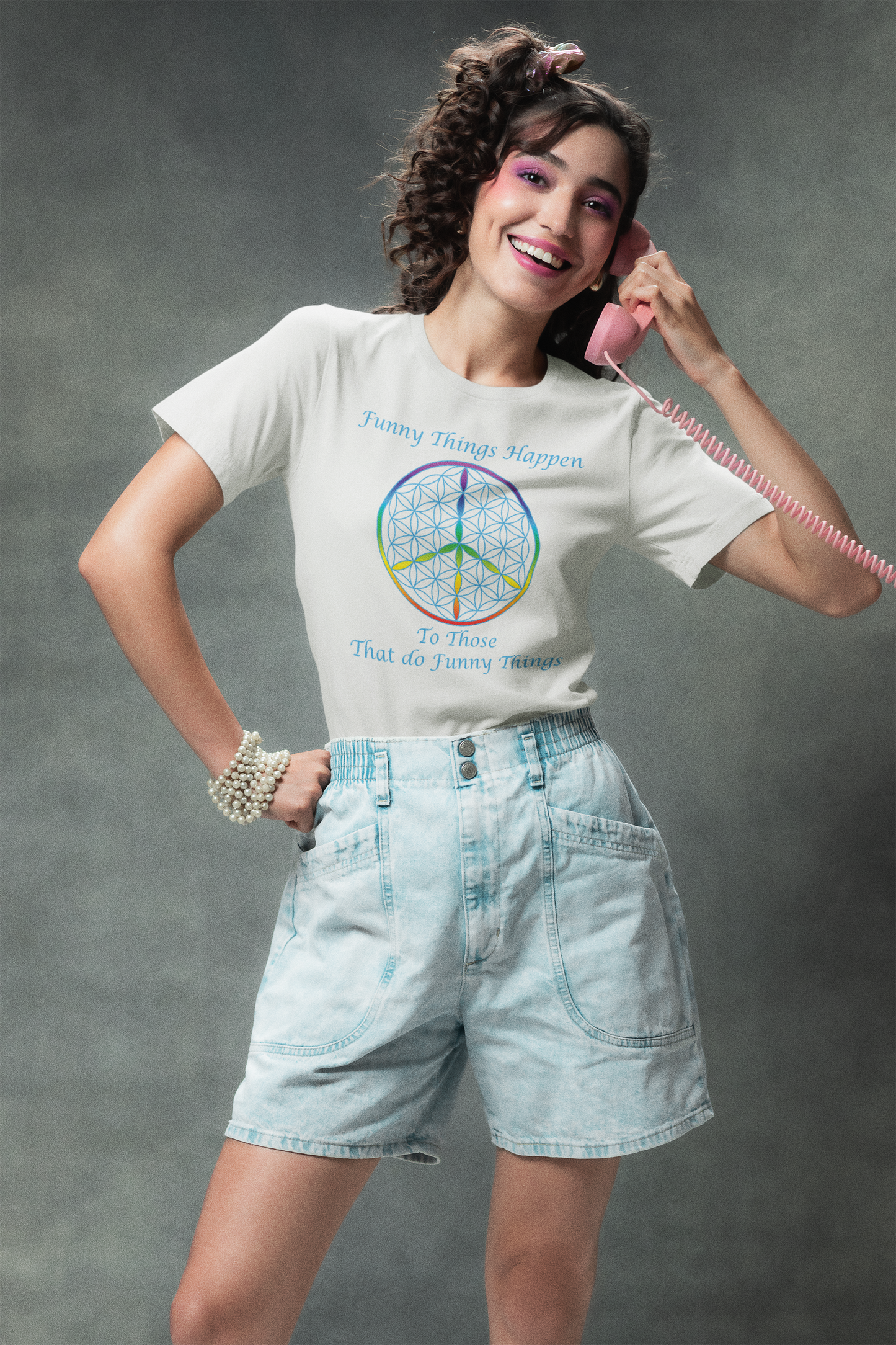 Funny Things Happen Tee (front, sky blue text)