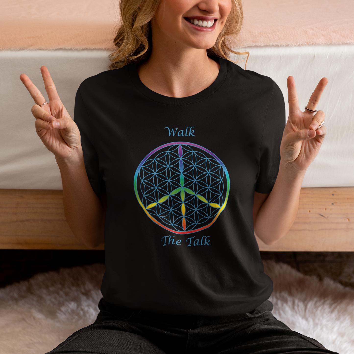Walk The Talk Tee (front, sky blue text)