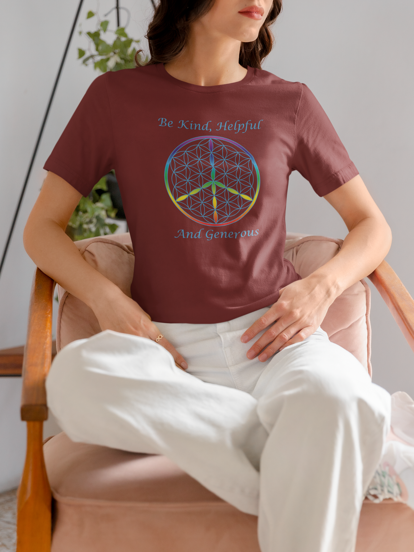 Be Kind, Helpful And Generous Tee (front, sky blue text)