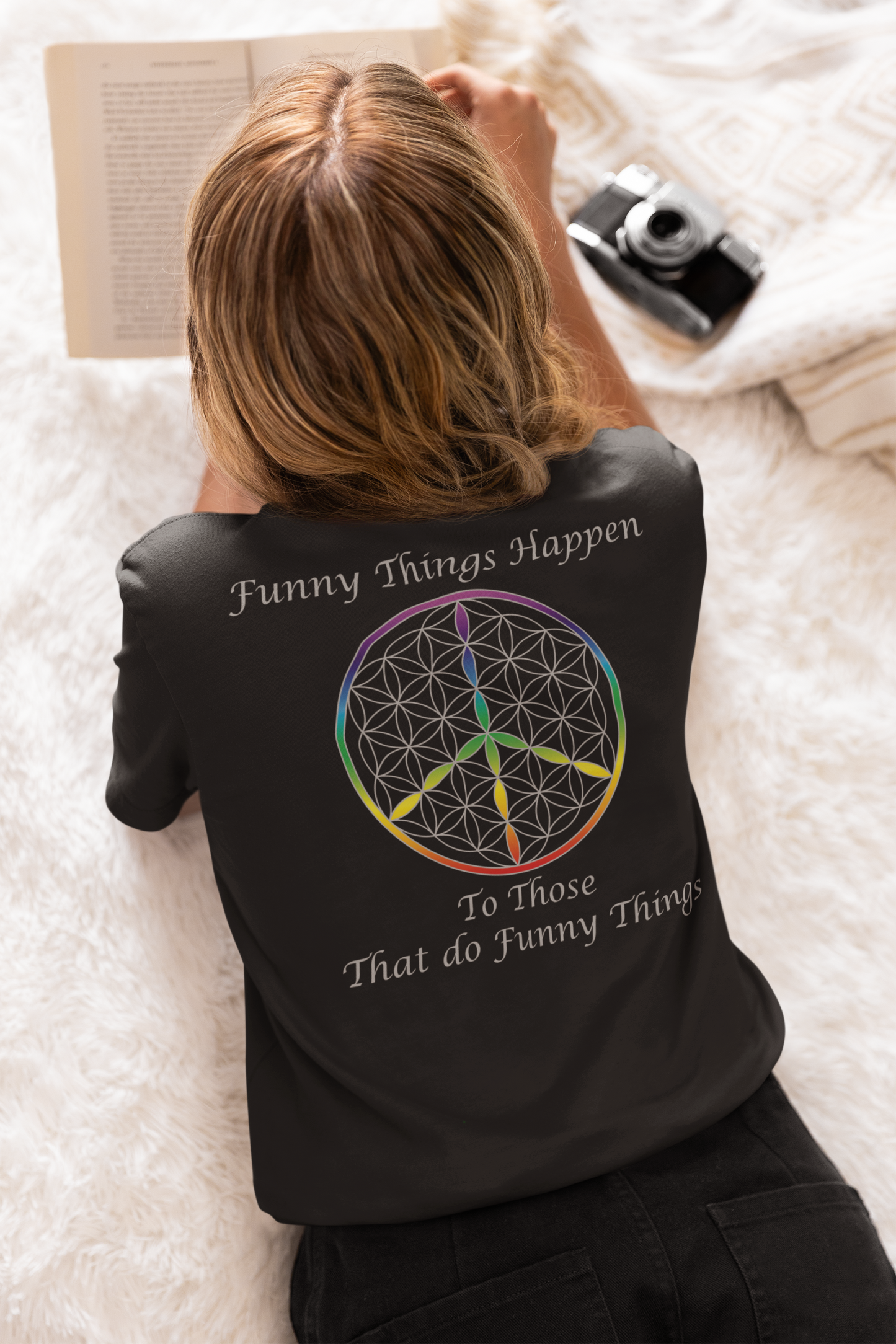 Funny Things Happen Tee (back, silver text)