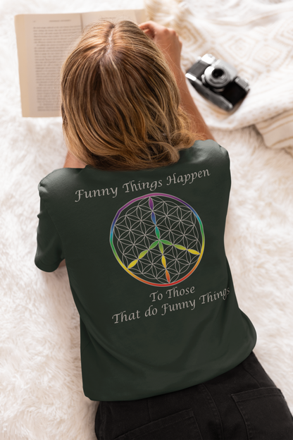 Funny Things Happen Tee (back, silver text)