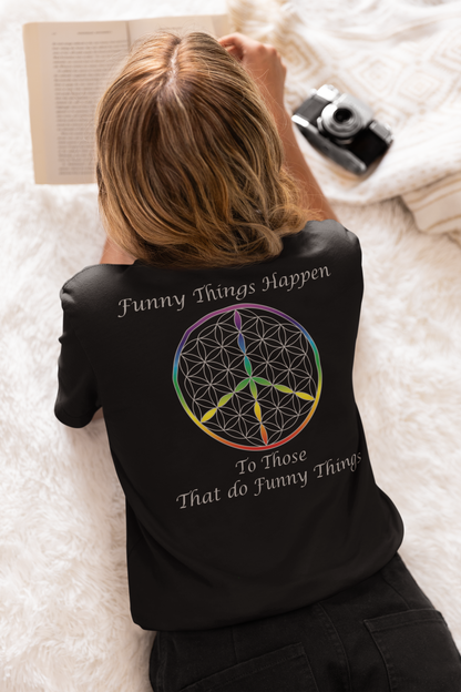 Funny Things Happen Tee (back, silver text)