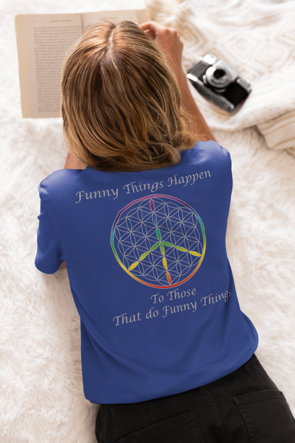 Funny Things Happen Tee (back, silver text)