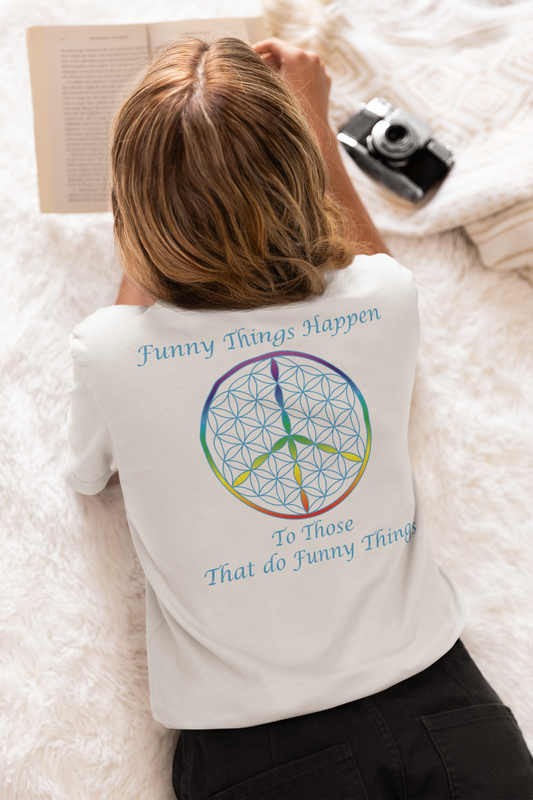Funny Things Happen Tee (back, sky blue text)