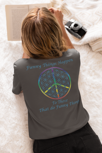 Funny Things Happen Tee (back, sky blue text)