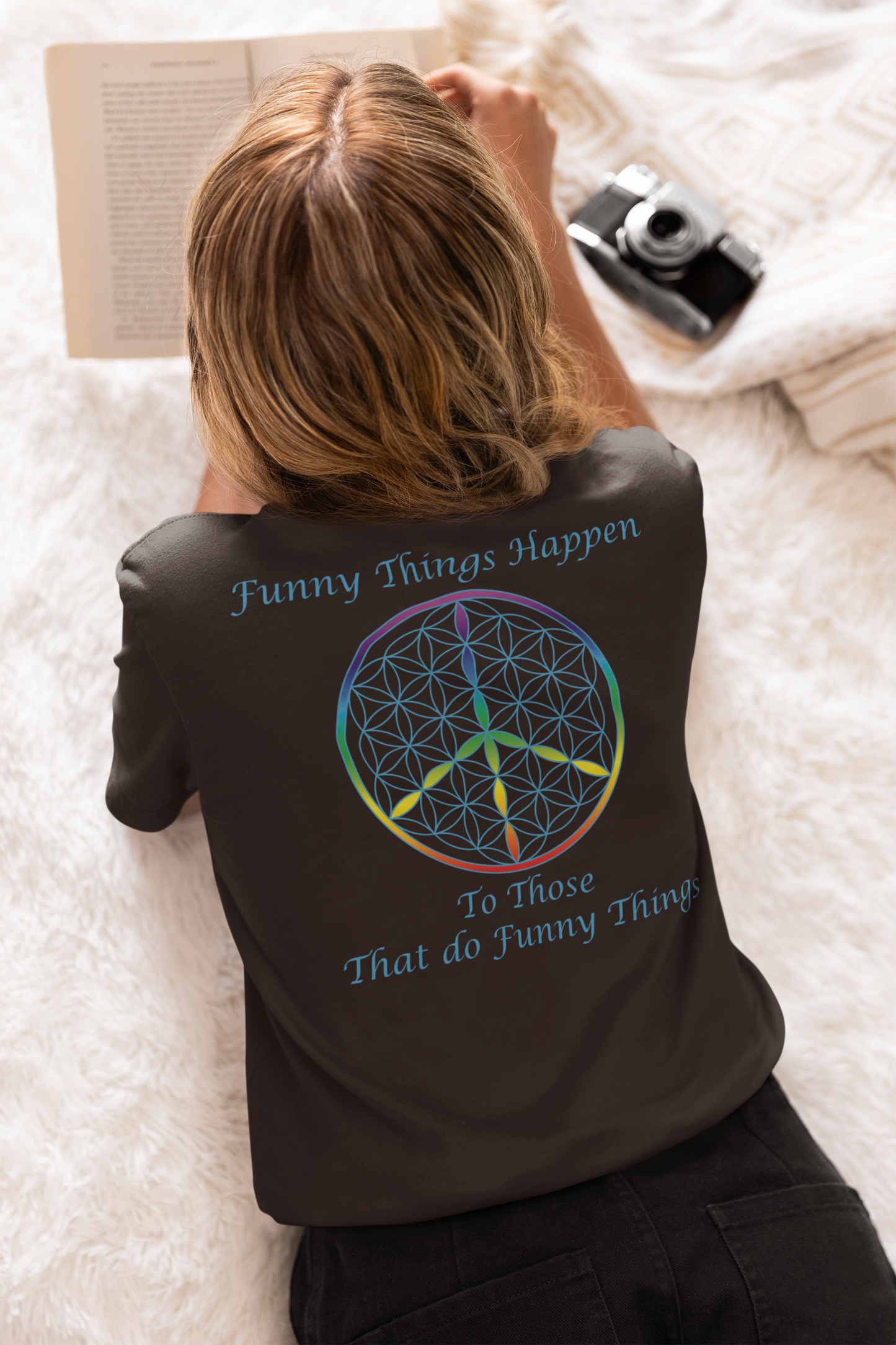 Funny Things Happen Tee (back, sky blue text)