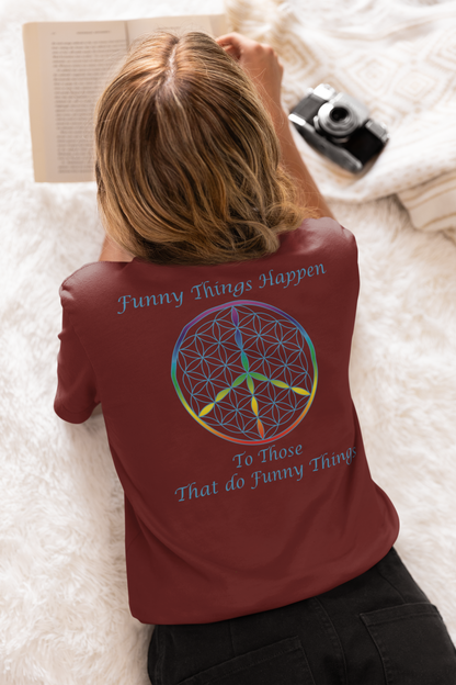 Funny Things Happen Tee (back, sky blue text)