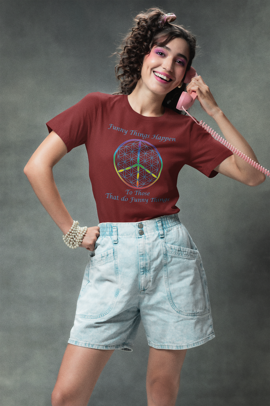 Funny Things Happen Tee (front, sky blue text)