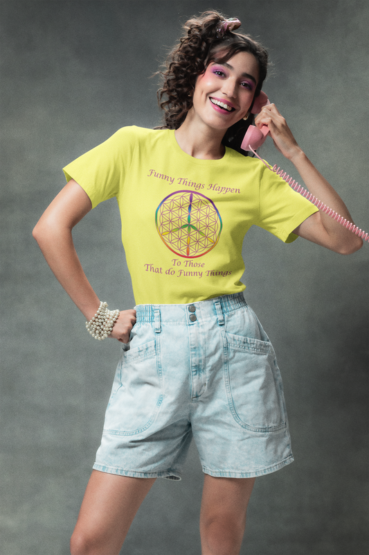 Funny Things Happen Tee (front, violet text)